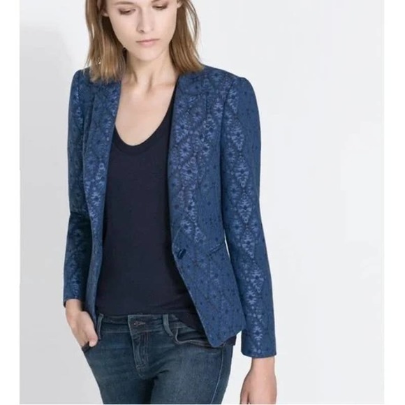 Zara Jackets & Blazers - 3/$25 Zara Jacquard Blazer Jacket XS Aztec Tribal One Button Cotton Blend Blue